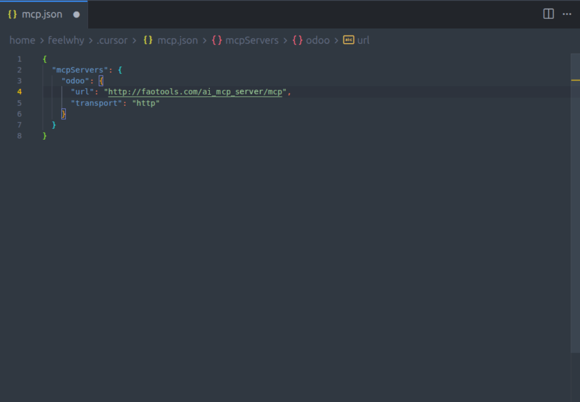 Изглед на редактор на код за файл mcp.json, показващ конфигурацията на Odoo MCP сървър, включително URL на сървъра и настройките за HTTP транспорт.